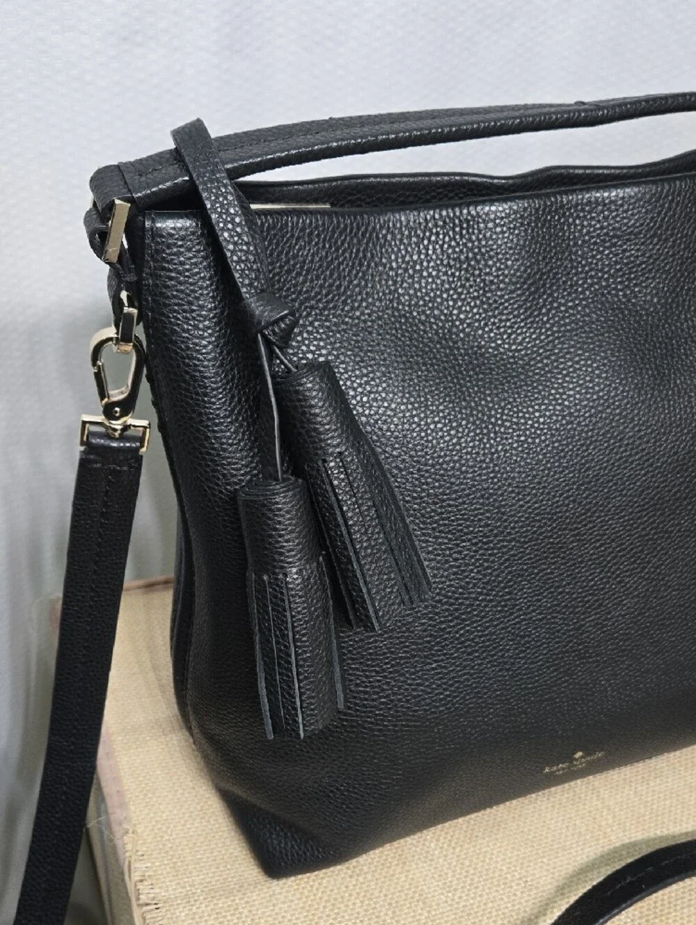 kate spade Black Pebbled Leather Hobo Shoulder Bag with Tassel